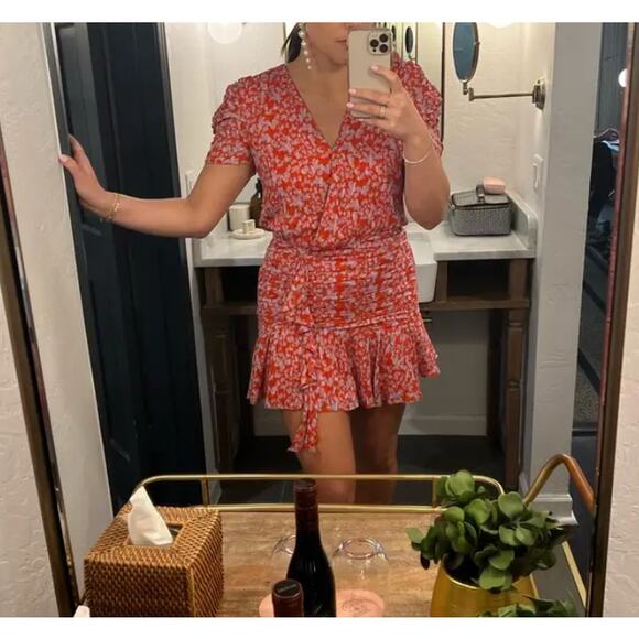 Tanya Taylor Red Floral Mini Wrap Dress Size 4 Silk Chiffon Ruched Designer $500 - Picture 7 of 13